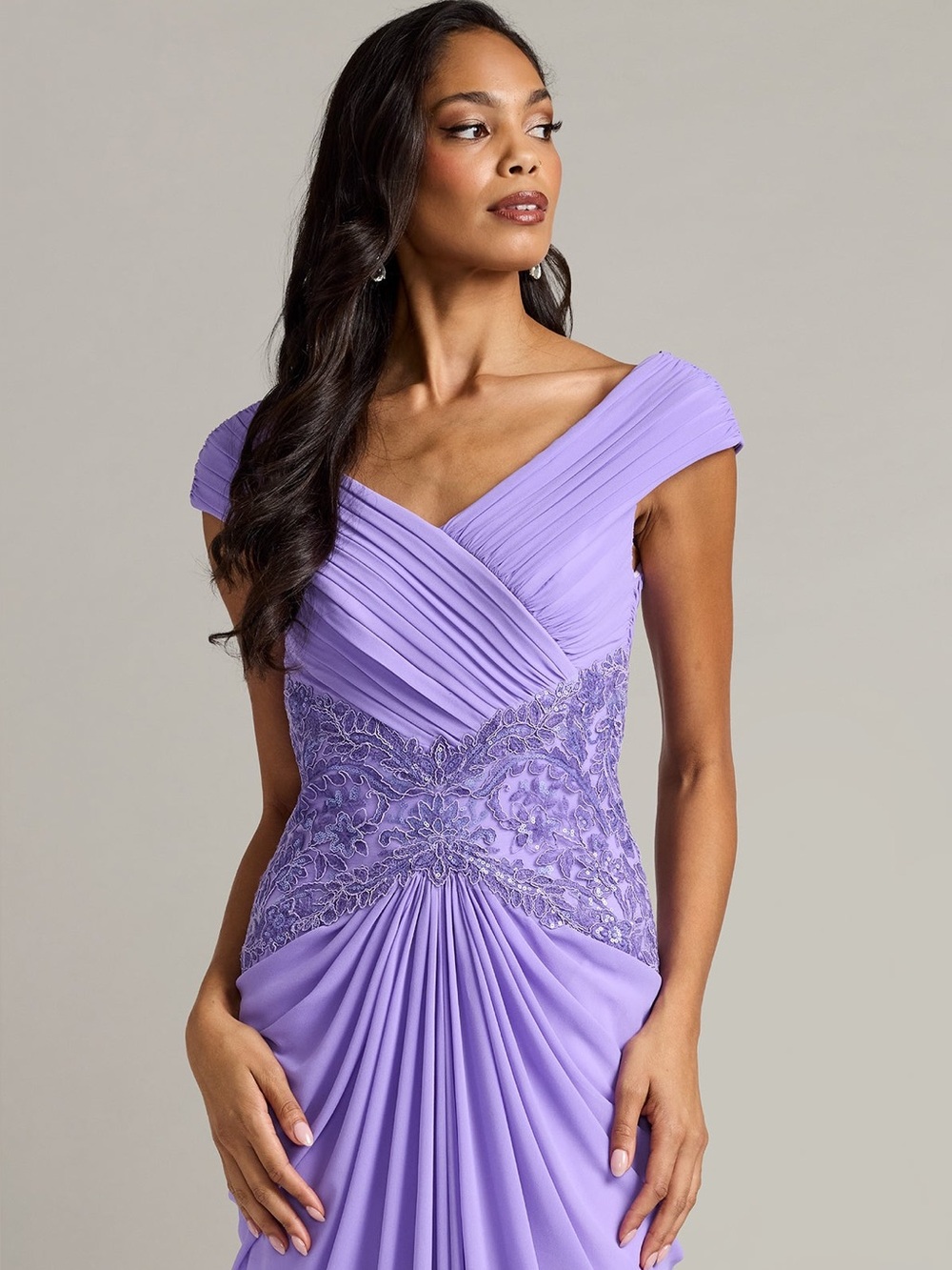 Tadashi Shoji Mihaley Lavender Mist Embroidered Waist Drape Maxi Gown Dress $538 - Picture 5 of 11